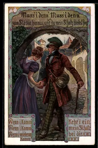 AK Wanderer verabschiedet sich von weinender junger Frau, Muss i denn Muss i denn