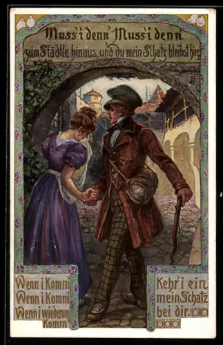AK Volkslied Nr. 4, Muss i denn, muss i denn, Wanderer verabschiedet sich von seinem Schatz
