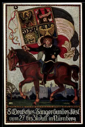 Künstler-AK Nürnberg, 8. Deutsches Sängerbundfest 1912, Knappe mit Flagge auf Pferd, PP 27 C 62