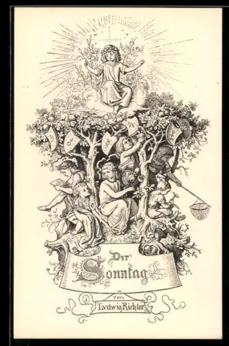 Künstler-AK Ludwig Richter: Der Sonntag, Kinder schneidern, schreiben u. pflücken Äpfel, Hase