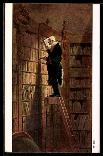 Künstler-AK Carl Spitzweg: Der Bücherwurm, auf einer Leiter an riesigem Bücherregal stehend