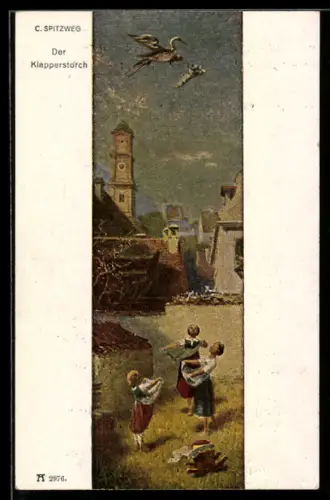 Künstler-AK Carl Spitzweg: Der Klapperstorch, Storch lässt Babies aus der Luft fallen, Frauen fangen sie auf