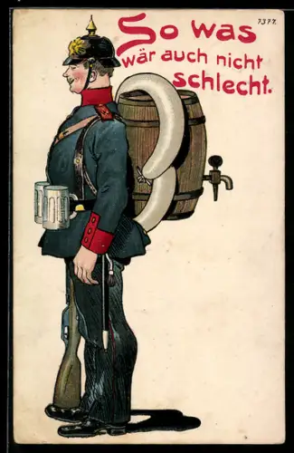 Künstler-AK Bruno Bürger & Ottillie Nr. 7377: So was wär auch nicht Schlecht, Soldat mit Pickelhaube und Würsten
