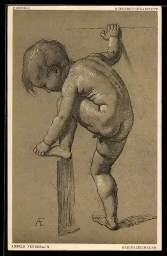 Künstler-AK Kreidezeichnung eines Kindes, Kind fasst sich an den Fuss