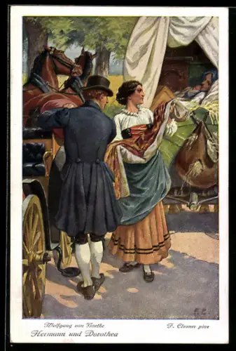 Künstler-AK F. Elssner: Hermann und Dorothea, Mann und Frau stehen neben einer Kutsche, Goethe