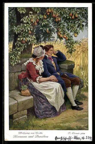 Künstler-AK sign. F. Elssner: Hermann und Dorothea auf der Bank unterm Birnenbaum