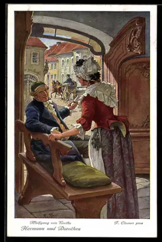 Künstler-AK F. Elssner: Goethe, Hermann und Dorothea, Der Wirt zum goldenen Löwen im Gespräch mit seiner Frau
