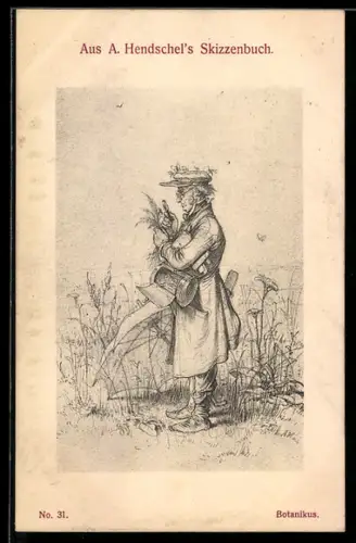 Künstler-AK Albert Hendschel: Botaniker untersucht eine Pflanze