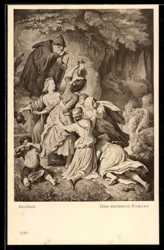 AK Goethe, der getreue Eckart mit Frauen und Mädchen an einer Felsschlucht