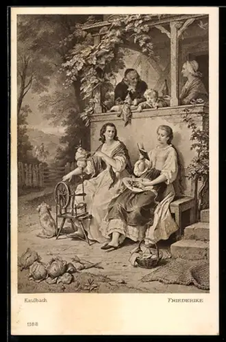 AK Friederike, Frauen mit Buch und Spinnrad, Goethe
