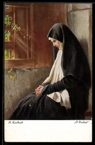 Künstler-AK Hermann Kaulbach: O Freiheit, Nonne sitzt betend in der Ecke