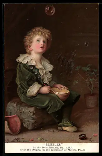 Künstler-AK Reklame für Seife Pears Soap, Knabe blickt versonnen Seifenblasen hinterher