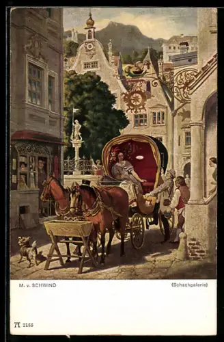 Künstler-AK Moritz von Schwind: Postkutsche mit Hochzeitspaar auf der Reise