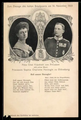 AK Porträt von Prinz Eitel Friedrich von Preussen & Prinzessin Sophie Charlotte in Uniform mit Orden