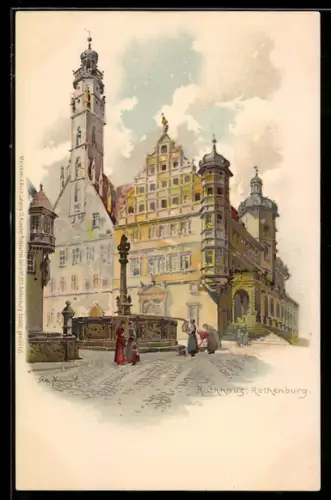 Künstler-AK Otto Hammel: Rothenburg, Rathaus mit Brunnen