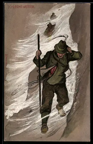 AK Bergsteiger kraxelt bei Schlecht-Wetter