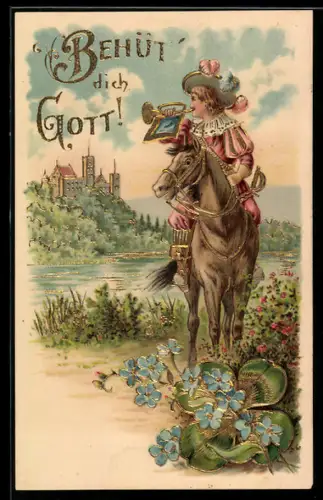 Lithographie Behüt Dich Gott!, Trompeter von Säckingen, Ausritt am Ufer, mit Gold verziert