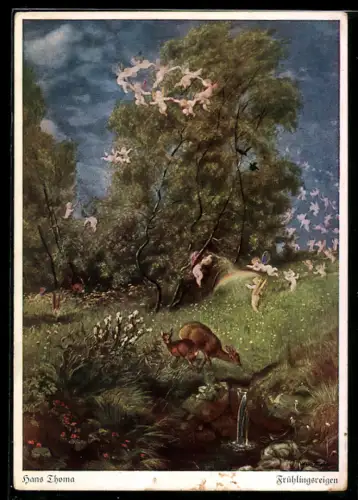 Künstler-AK Hans Thoma: Frühlingsreigen, Tiere und Engel im Wald