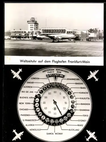 AK Frankfurt, Flughafen Rhein-Main, mit Weltzeituhr