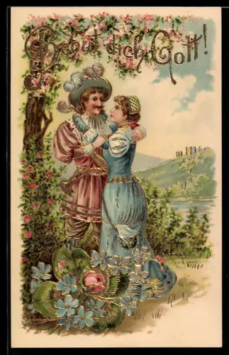 Lithographie Trompeter von Säckingen umarmt seine Geliebte, Behüt Dich Gott!