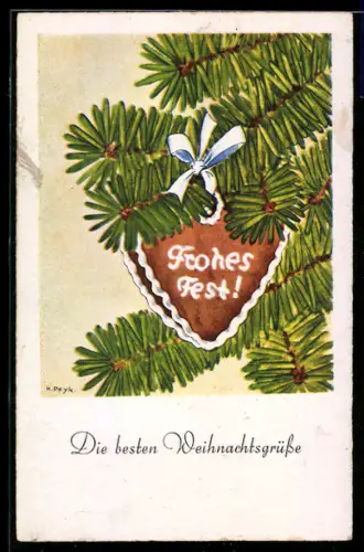 Künstler-AK Hilla Peyk: Lebkuchenherz am Weihnachtsbaum