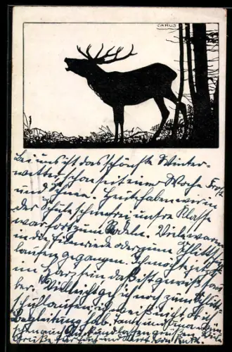 Künstler-AK Carus: Röhrender Hirsch im Wald