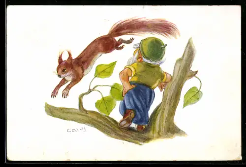 Künstler-AK Carus: Zwerg und Eichhörnchen auf einem Ast