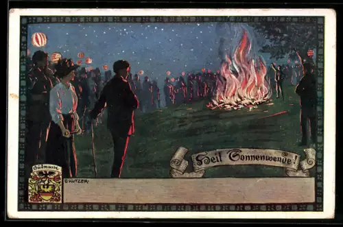 Künstler-AK Ernst Kutzer: Heil Sonnenwende, Sonnenwendfeuer