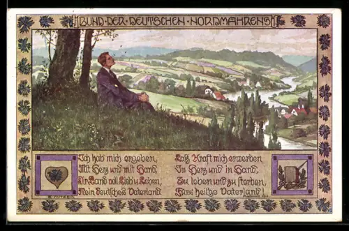 Künstler-AK Ernst Kutzer: Bund der Deutschen in Nordmähren, Mann auf Hügel unter Baum