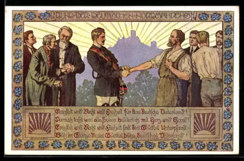 Künstler-AK Ernst Kutzer: Bund der Deutschen in Nordmähren, Bruderschaftler & Arbeiter reichen sich die Hände