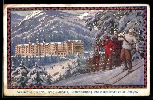 AK Semmering, Hotel Panhans, Leute auf Skiern