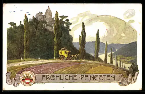 Künstler-AK Ernst Kutzer: Postkutsche auf einem Weg, Pfingsten