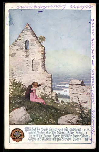 Künstler-AK Ernst Kutzer: Liebespaar sitzt in einer Burgruine