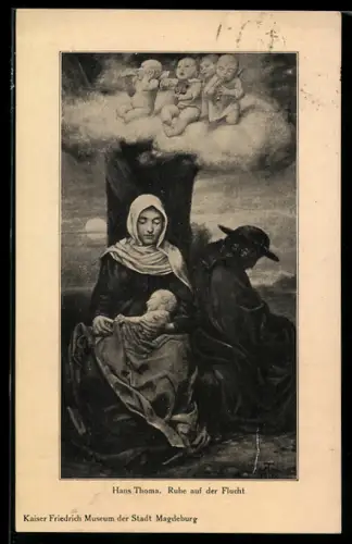 Künstler-AK Hans Thoma: Ruhe auf der Flucht, Rast unter Baum und musizierenden Engeln