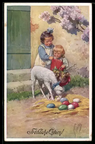 Künstler-AK Karl Feiertag: Kinder mit Osterlamm und Ostereiern