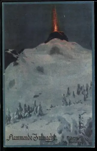 Künstler-AK Franz Jung-Ilsenheim: Flammende Julnacht, Feuer auf einem Berg