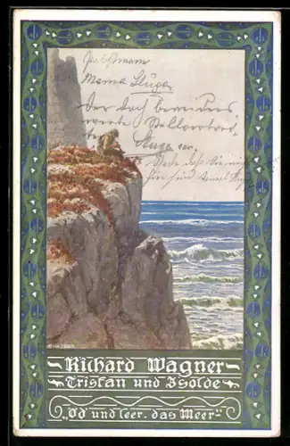 Künstler-AK Ernst Kutzer: Richard Wagner, Tristan und Isolde, Mann macht Musik auf einer hohen Klippe
