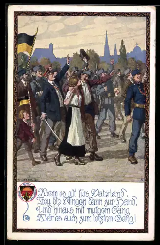 Künstler-AK Ernst Kutzer: Umzug mit Studenten und Soldaten