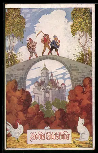 Künstler-AK Ernst Kutzer: die drei Glückskinder auf einer Brücke