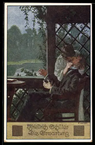 Künstler-AK Ernst Kutzer: Friedrich Schiller Die Erwartung, Frau küsst einen Mann am Tisch