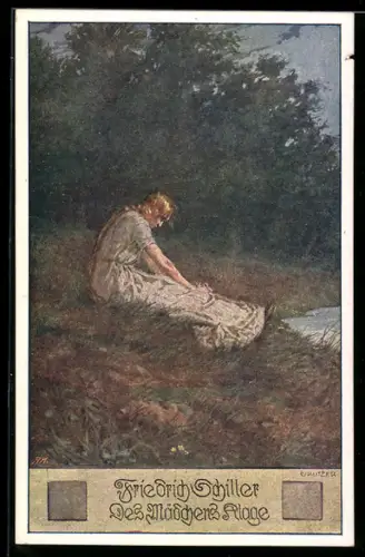 Künstler-AK Ernst Kutzer: Friedrich Schiller, des Mädchens Klage, Mädchen sitzt an einem See und klagt ihr Leid