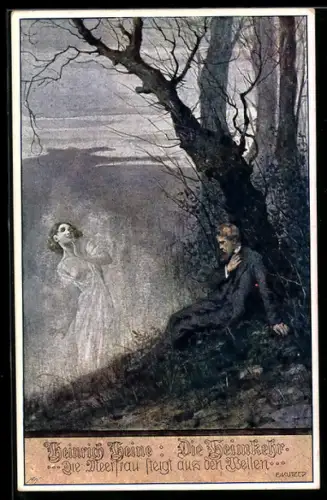 Künstler-AK Ernst Kutzer: Mann beobachtet die Meerfrau, die aus den Wellen steigt, Heinrich Heine Die Heimkehr