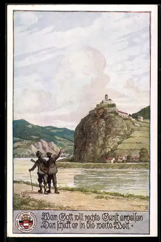 Künstler-AK Ernst Kutzer: Zwei Wanderer blicken über den Fluss zu einer auf einem Berg gelegenen Stadt