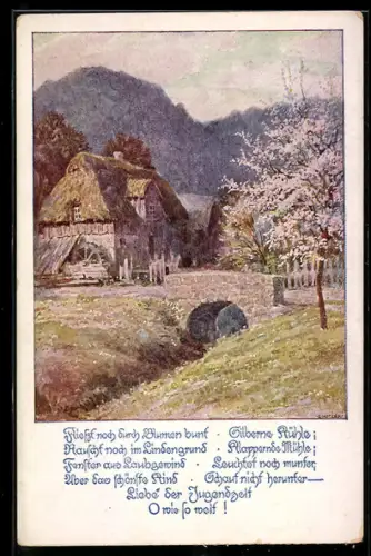 Künstler-AK Ernst Kutzer: Landschaftspanorama mit Bach, Brücke und Mühle