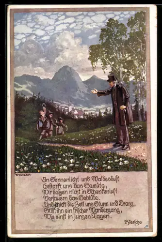 Künstler-AK Ernst Kutzer: Feiner Herr grüsst Wanderer