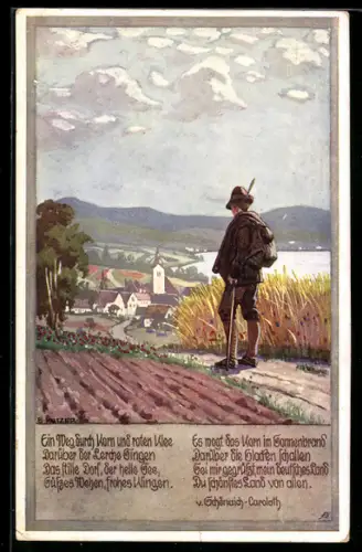 Künstler-AK Ernst Kutzer: Junger Mann mit Hut und Rucksack, blickt auf seinen Heimatort zurück