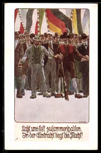 Künstler-AK Ernst Kutzer: Lasst und fest zusammenhalten!, Deutsche Volksschichten in Eintracht