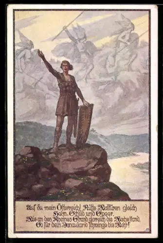 Künstler-AK Ernst Kutzer: Verlag des Verein Südmark, Krieger mit Schild, Vorbeireitende Walküren am Himmel