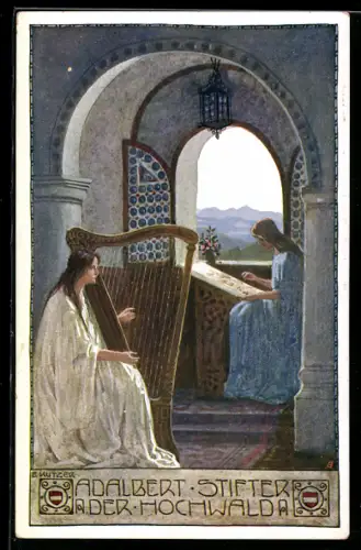 Künstler-AK Ernst Kutzer: Adalbert Stifter-Karte Nr. 28, Der Hochwald, Harfenspieler