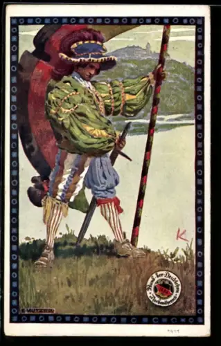 Künstler-AK Ernst Kutzer: Ritter mit Schwert und Lanze, Bund der Deutschen in Nordmähren